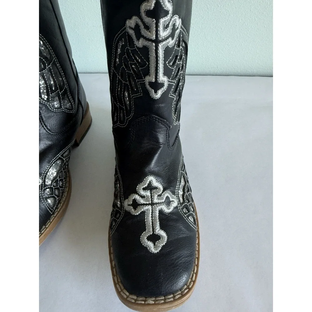 Blazin Roxx Girls Western Cowgirl Boots Glittery Silver Wings Cross Design Sz 1